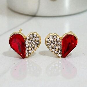 14k Gold Plated CZ Red Heart Stud Earrings. New.